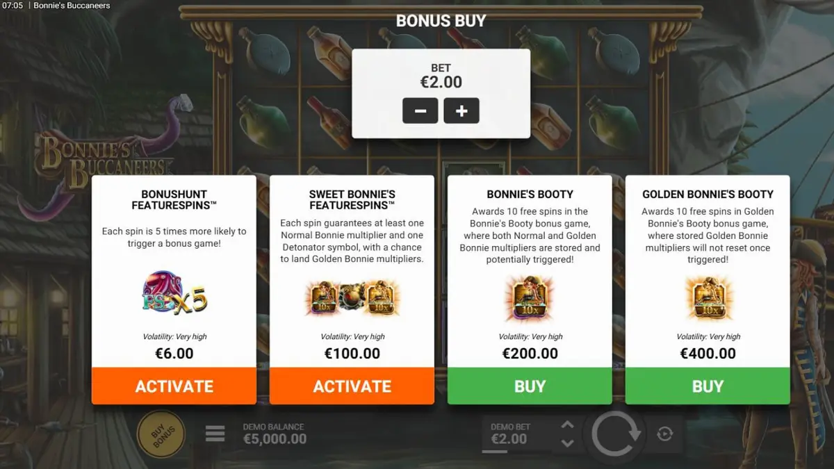Interface visual e temática pirata do slot Bonnie’s Buccaneers com elementos de tesouro e oceano