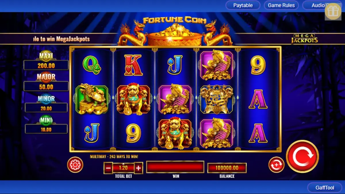 Interface do jogo Fortune Coin Mega Jackpot com moedas douradas e dragões